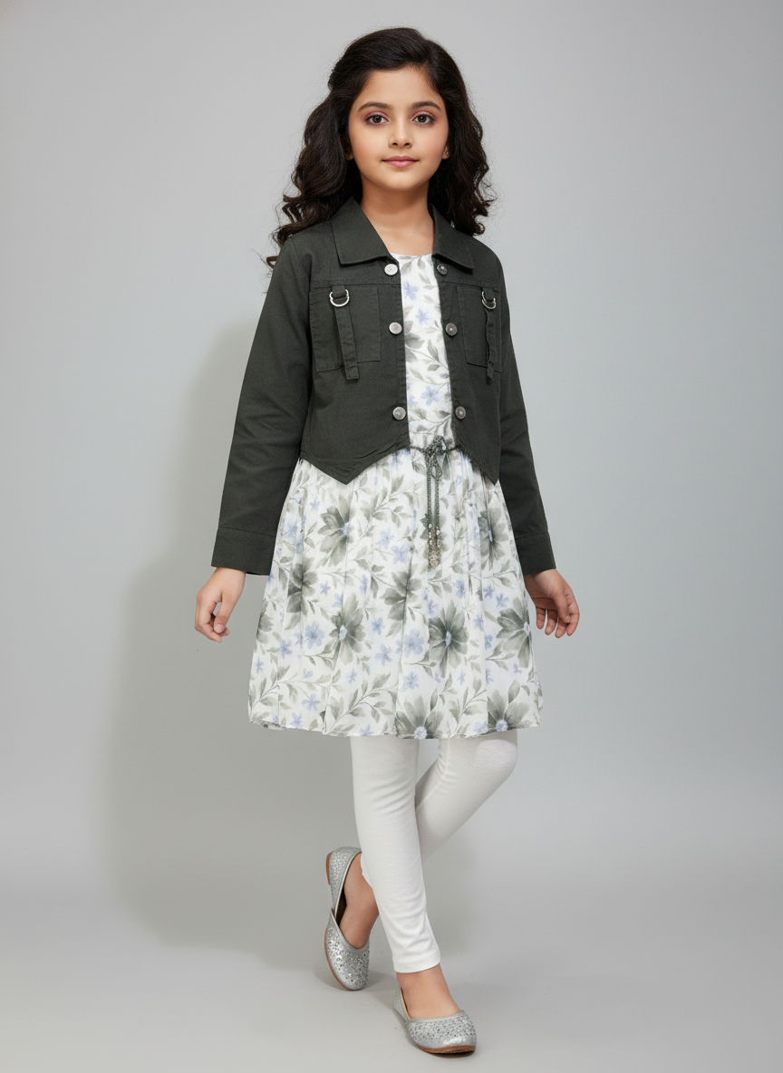 Girls Floral Dress with Stylish Jacket & Leggings Set
