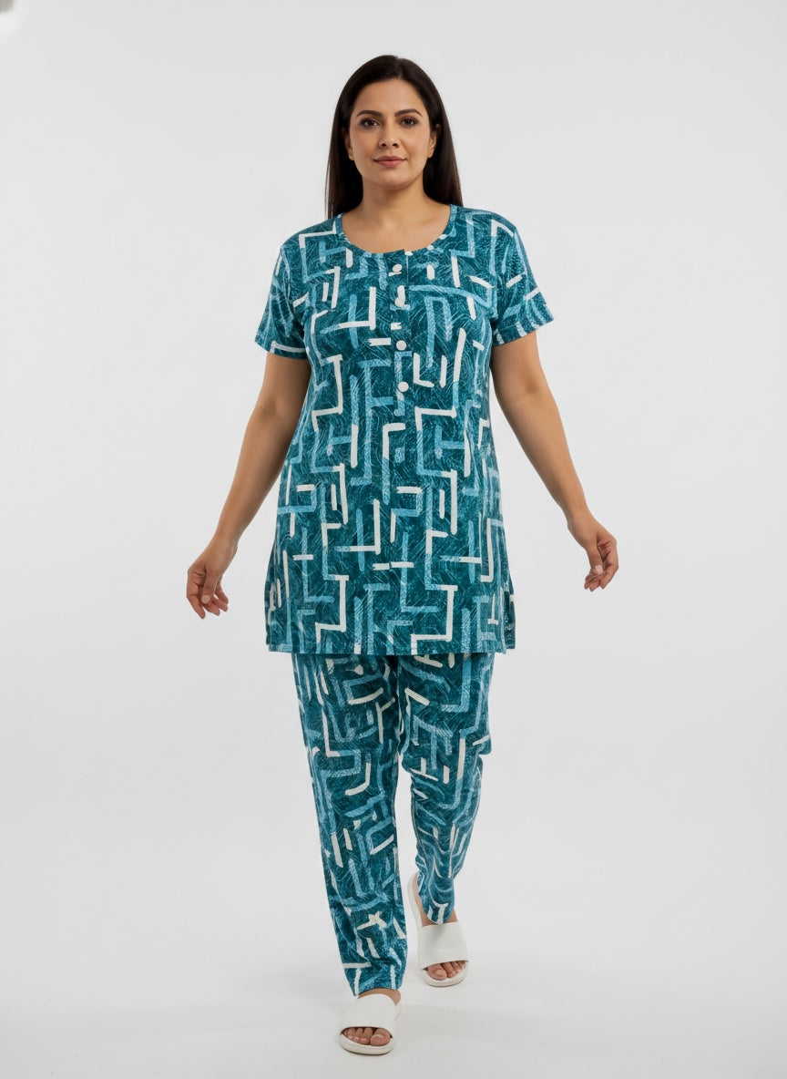 ＤＵＴＣＨ ＤＲＥＡＭ™ Women’s Printed Night Suit Set – Soft Cotton Top & Pajama Lounge Wear (Teal)