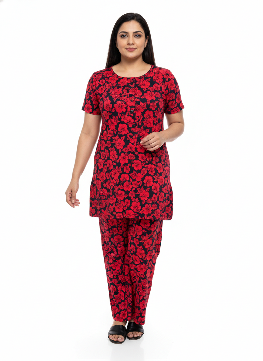 ＤＵＴＣＨ ＤＲＥＡＭ™ Women’s Floral Printed Night Suit Set – Short Sleeve Top & Pajama (Red & Black)