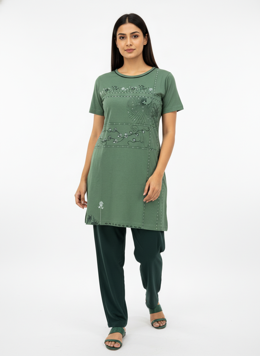 ＤＵＴＣＨ ＤＲＥＡＭ™ Women’s Printed Night Suit Set – Olive Green Short Sleeve Top with Solid Pajama