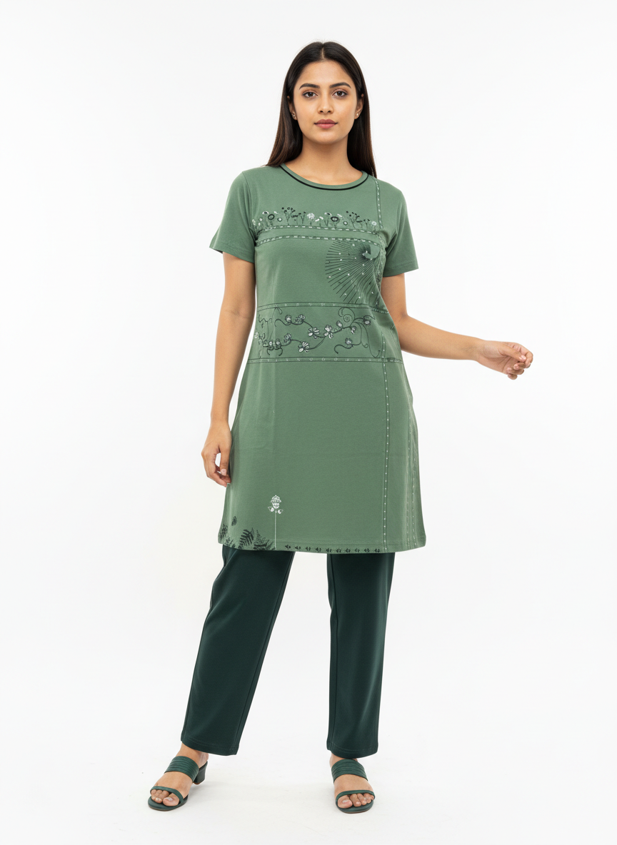ＤＵＴＣＨ ＤＲＥＡＭ™ Women’s Printed Night Suit Set – Olive Green Short Sleeve Top with Solid Pajama