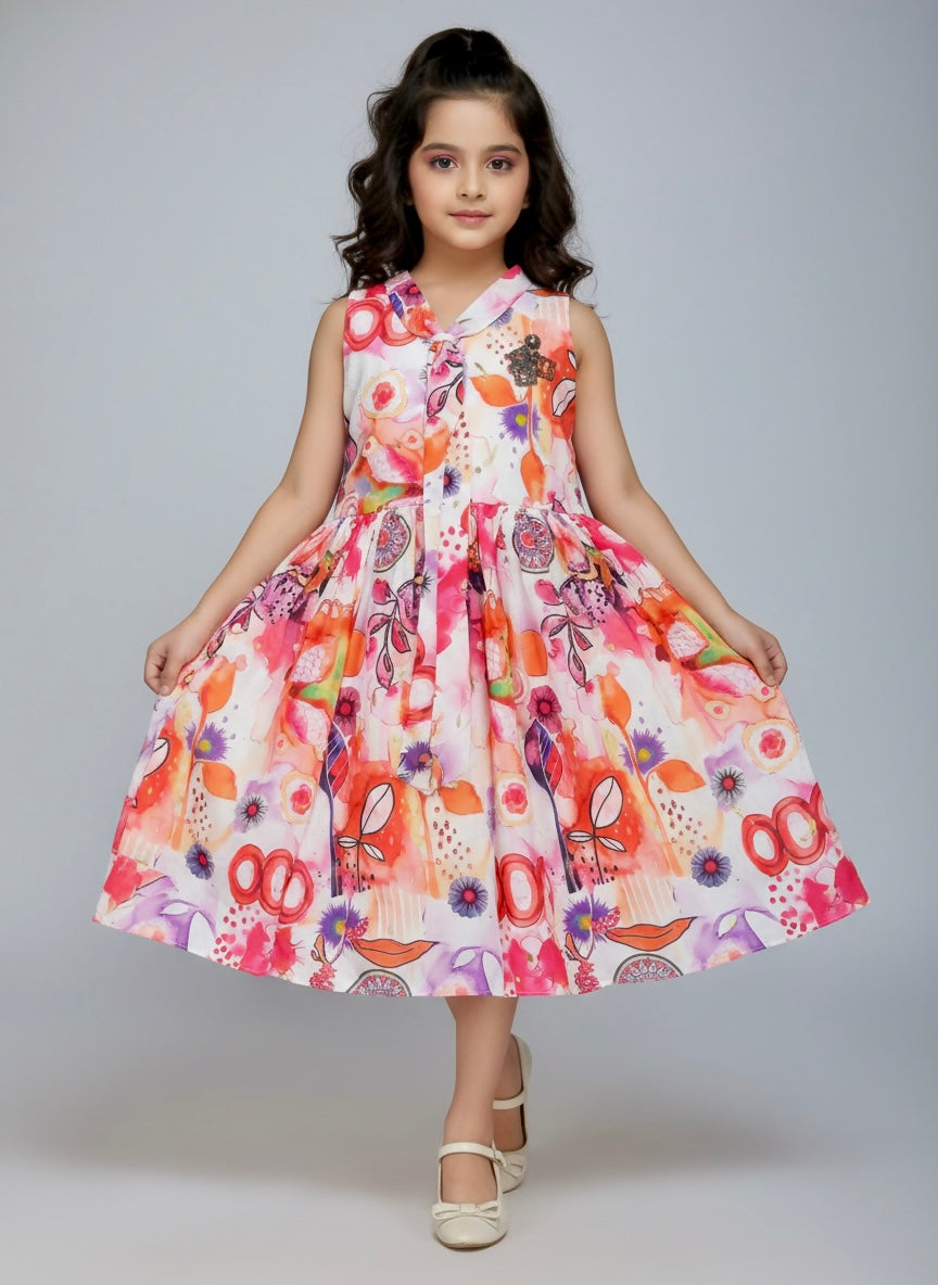 Girls’ Printed Sleeveless Party Dress with Front Tie