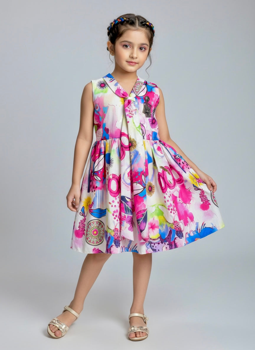 Girls’ Printed Sleeveless Party Dress with Front Tie