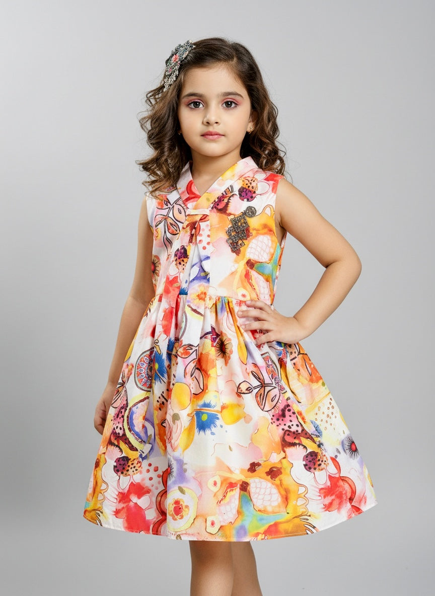 Girls’ Printed Sleeveless Party Dress with Front Tie