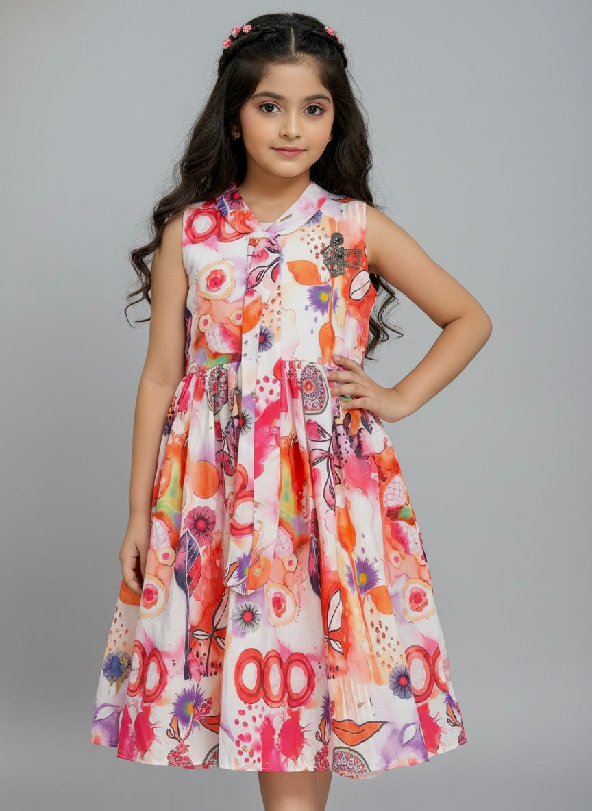 Girls’ Printed Sleeveless Party Dress with Front Tie