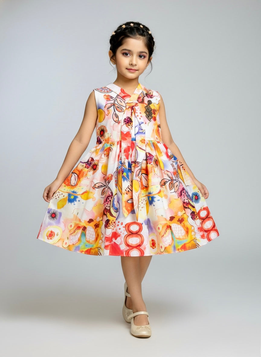 Girls’ Printed Sleeveless Party Dress with Front Tie