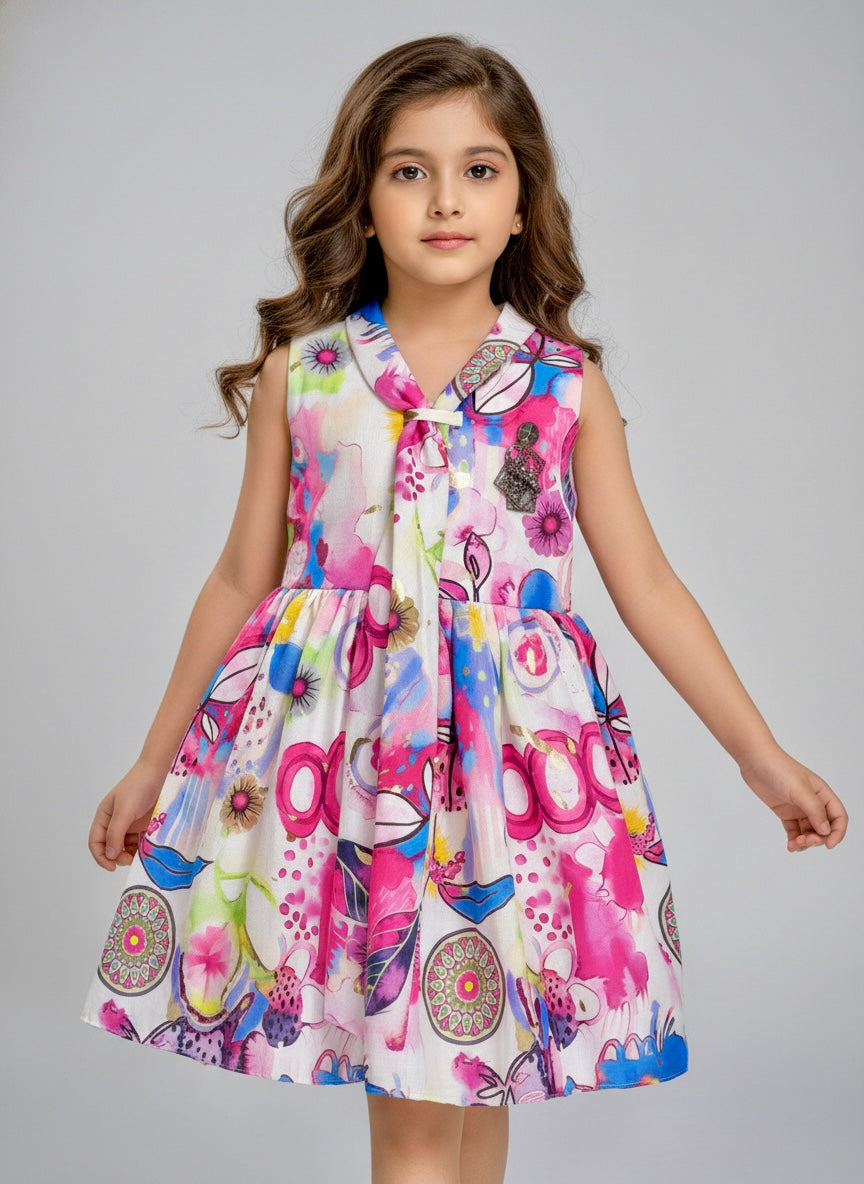 Girls’ Printed Sleeveless Party Dress with Front Tie