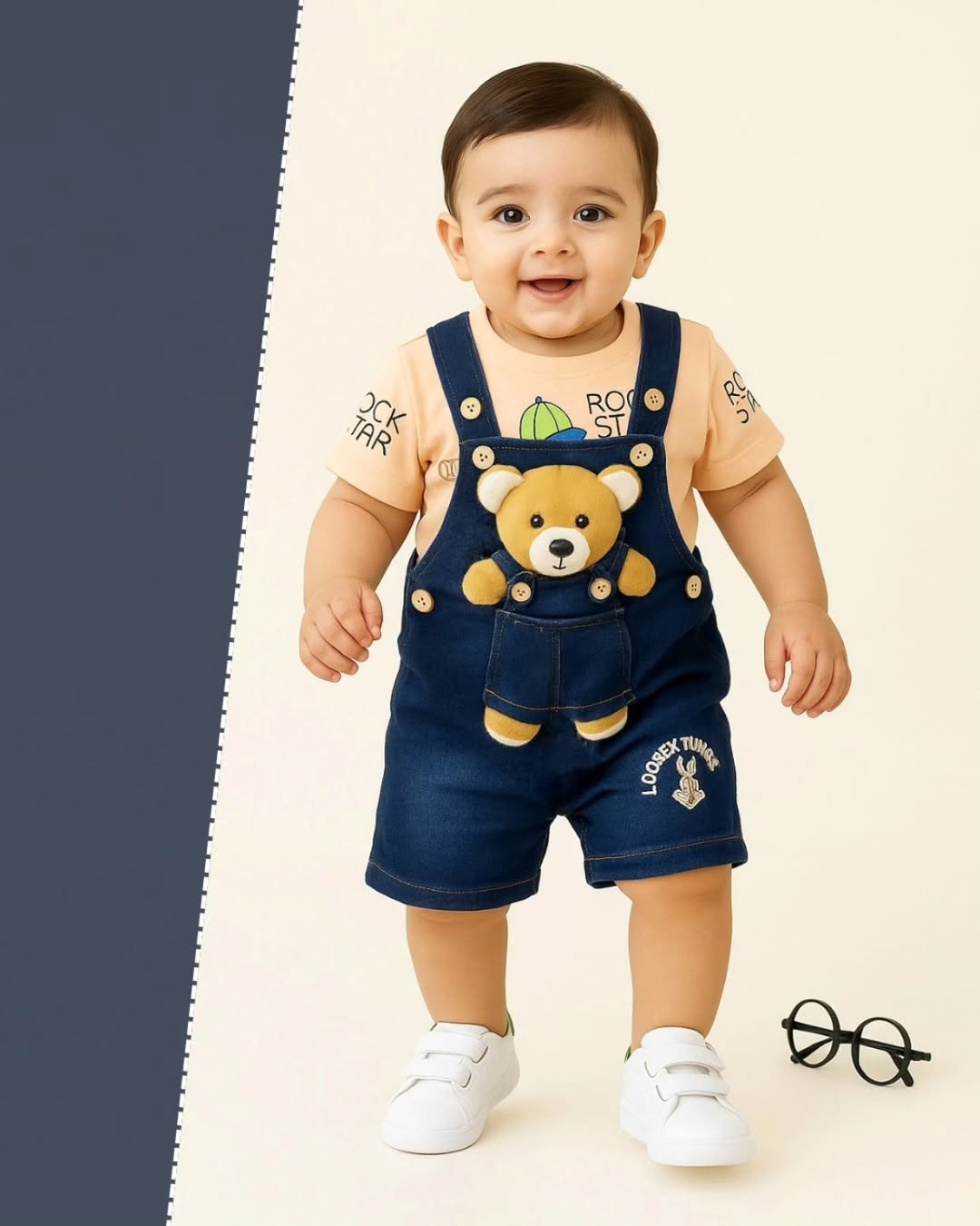 Baby Boy Cute Teddy Dungaree Shorts Set with Printed T-Shirt