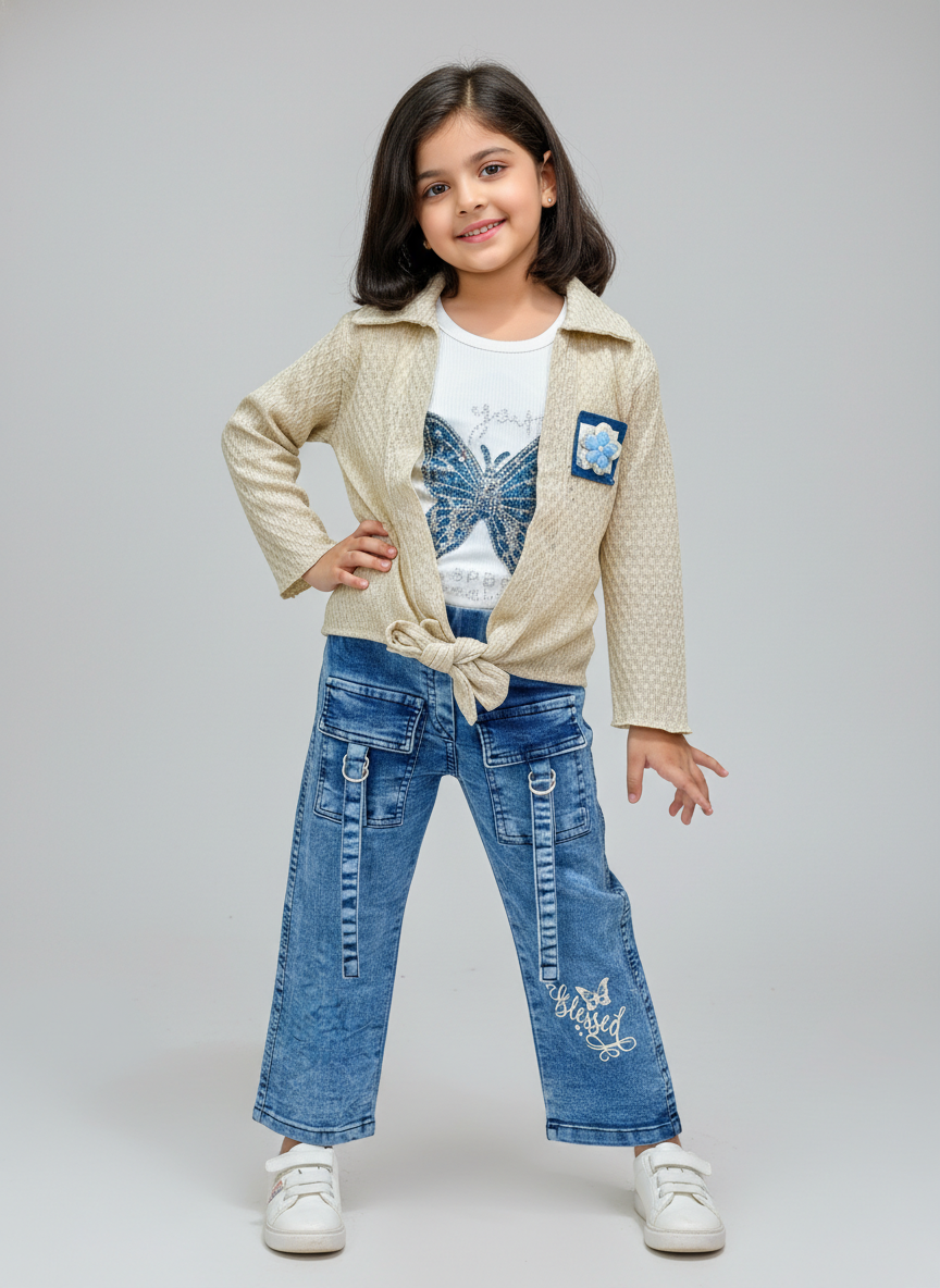 Girls Cute Butterfly Print Top with Denim Cargo Pants Set