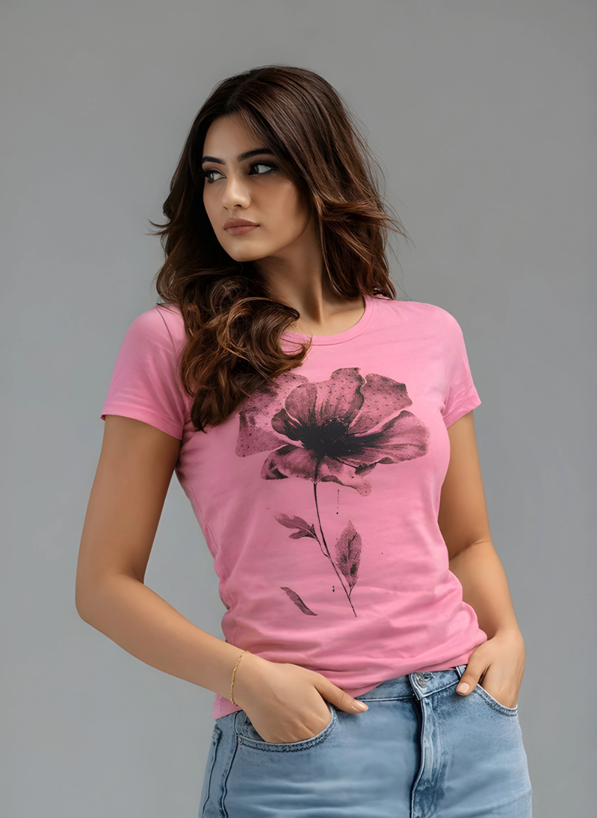 DUTCH DREAM™ soft cotton floral fabric close-up pink t-shirt