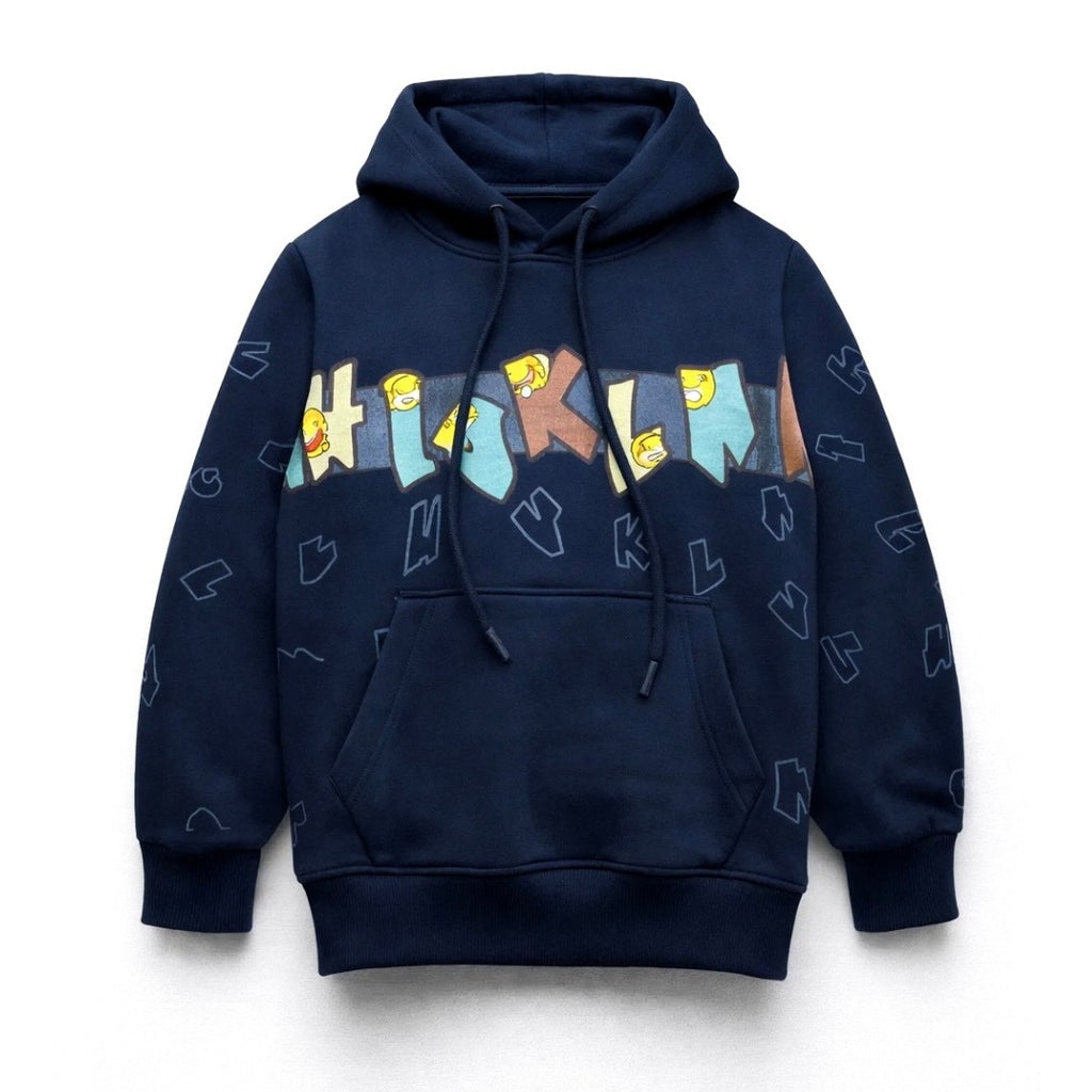 Kids Navy Blue Graphic Printed Winter Hoodie