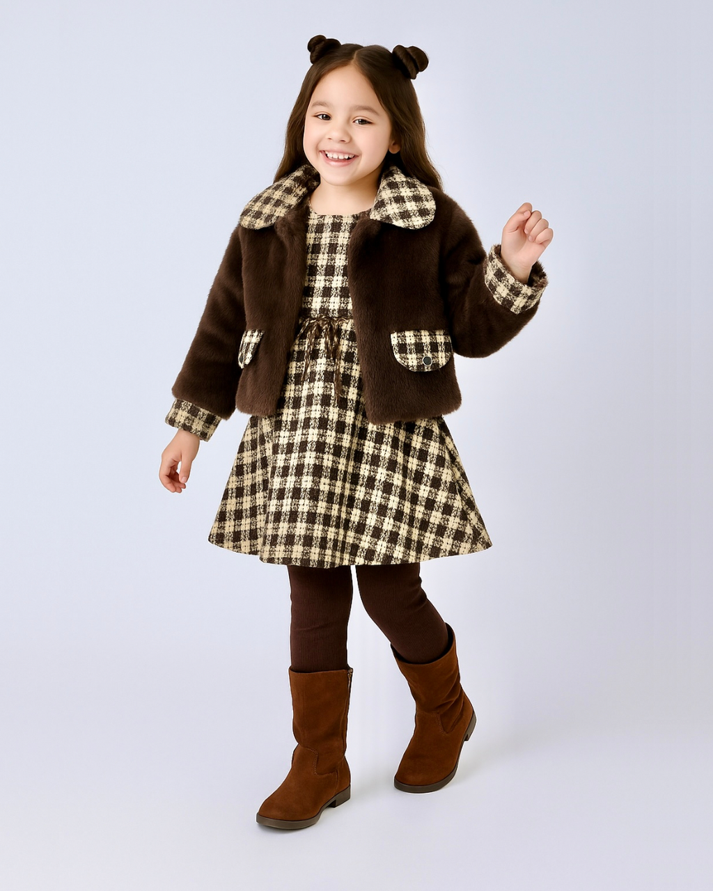 Girls Checkered Winter Dress with Fur Jacket Set