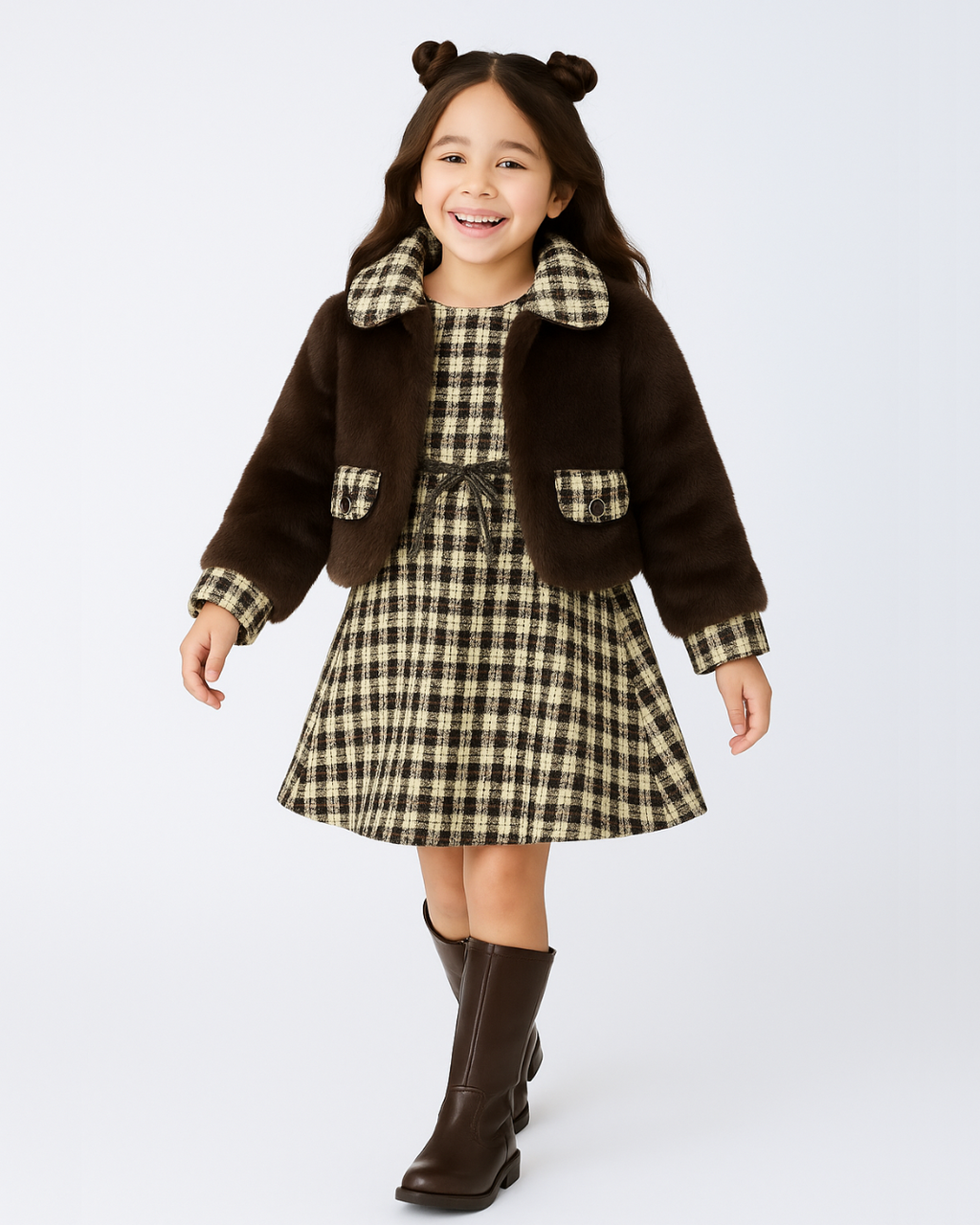 Girls Checkered Winter Dress with Fur Jacket Set