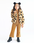 Girls Leopard Print Faux Fur Jacket with Cotrise Pant Set