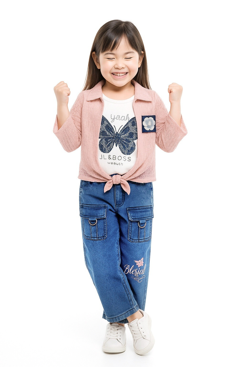 Girls Cute Butterfly Print Top with Denim Cargo Pants Set