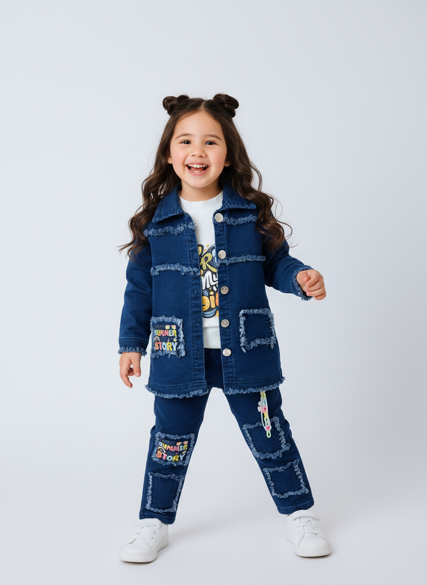 Girls Denim Jacket & Jeans Set | Stylish Kids Co-Ord Outfit with Inner Tee | Trendy Casual Wear for Girls