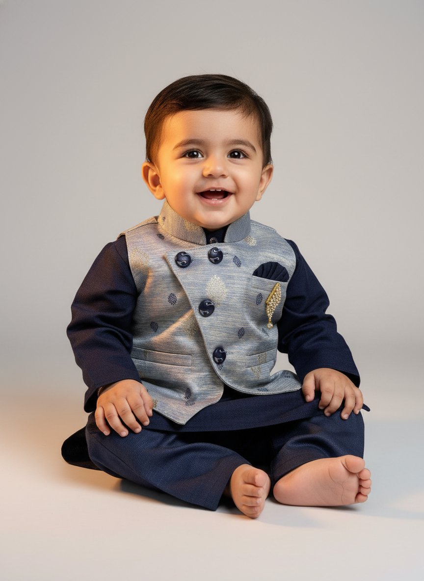 Boys Ethnic Kurta Pajama Set with Printed Nehru Jacket – Traditional Indian Festive Wear