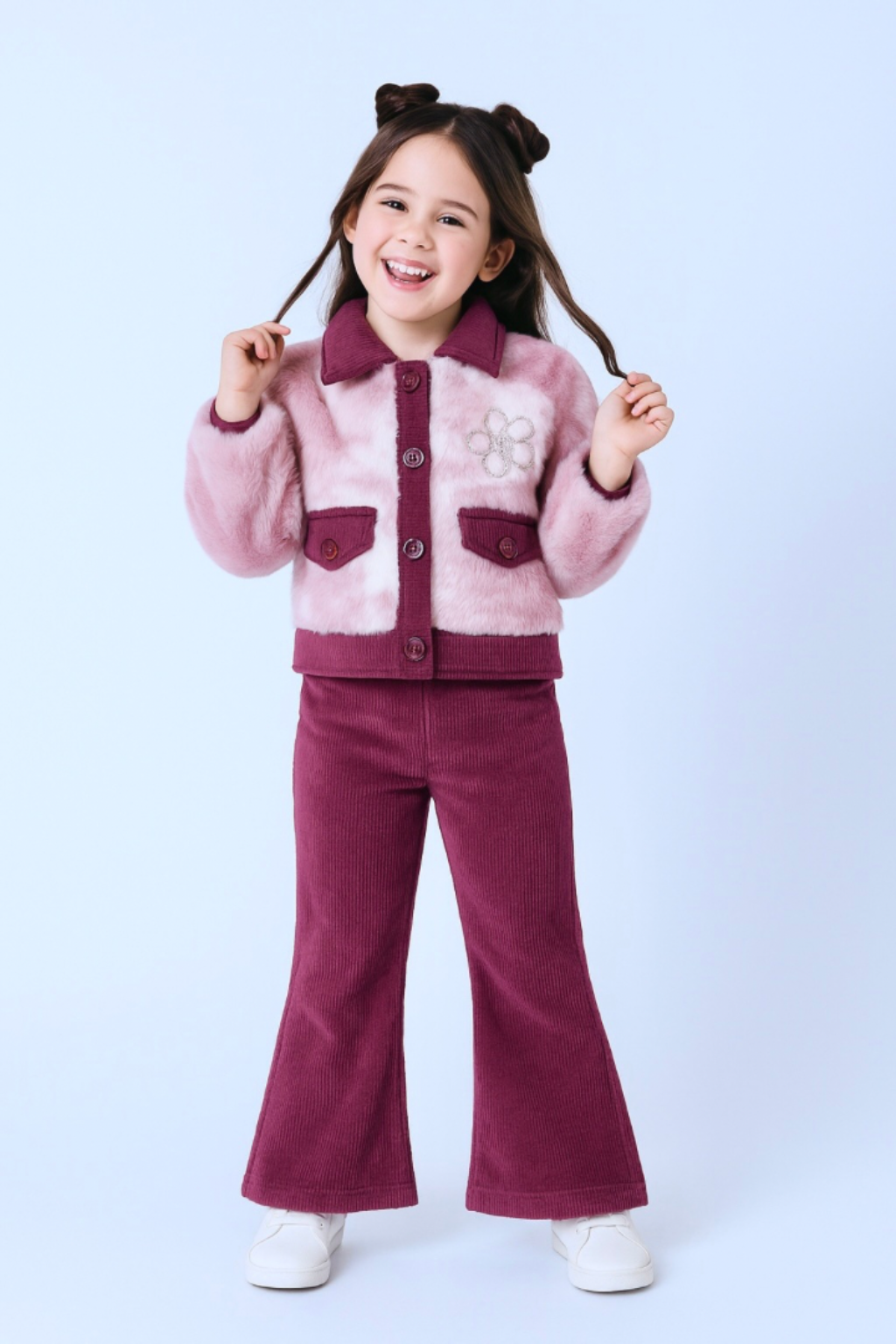 Girls Winter Faux Fur Jacket with Flared Corduroy Pants Set