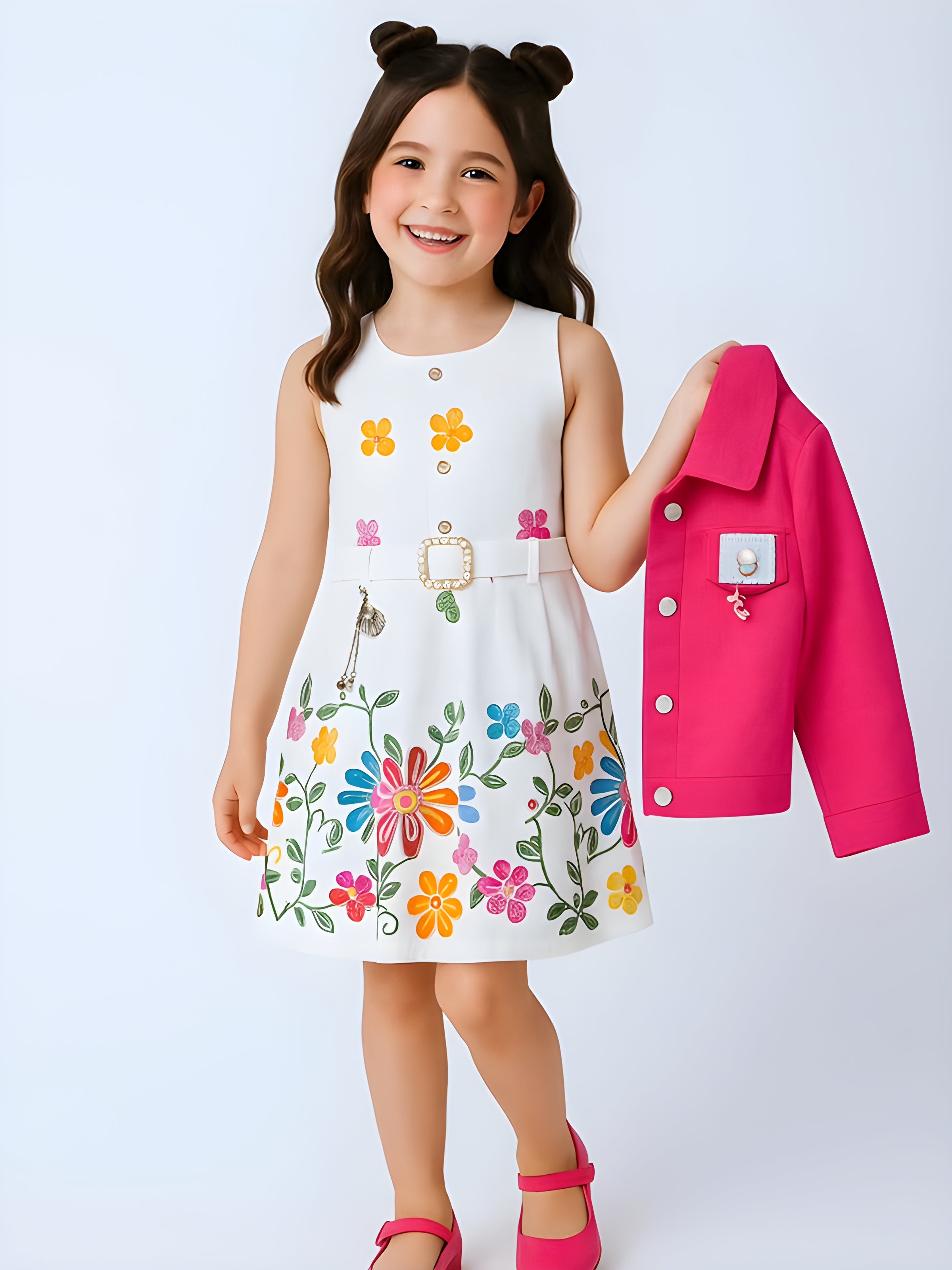 Girls Floral Printed Dress with Pink Jacket & Leggings Set