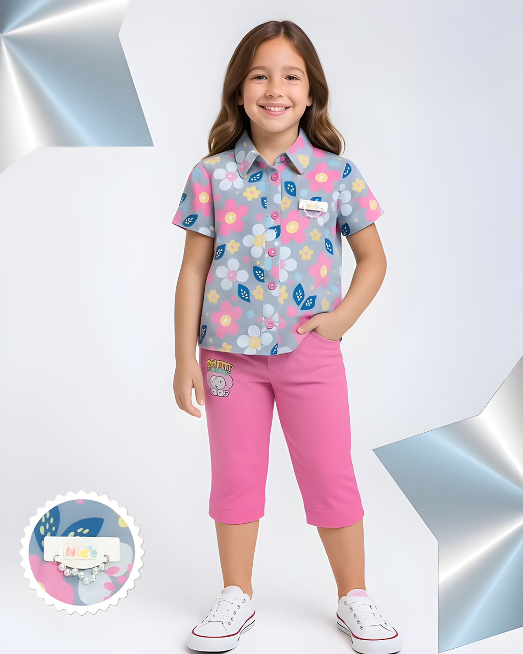 Girls Floral Print Shirt with Short Capri Set