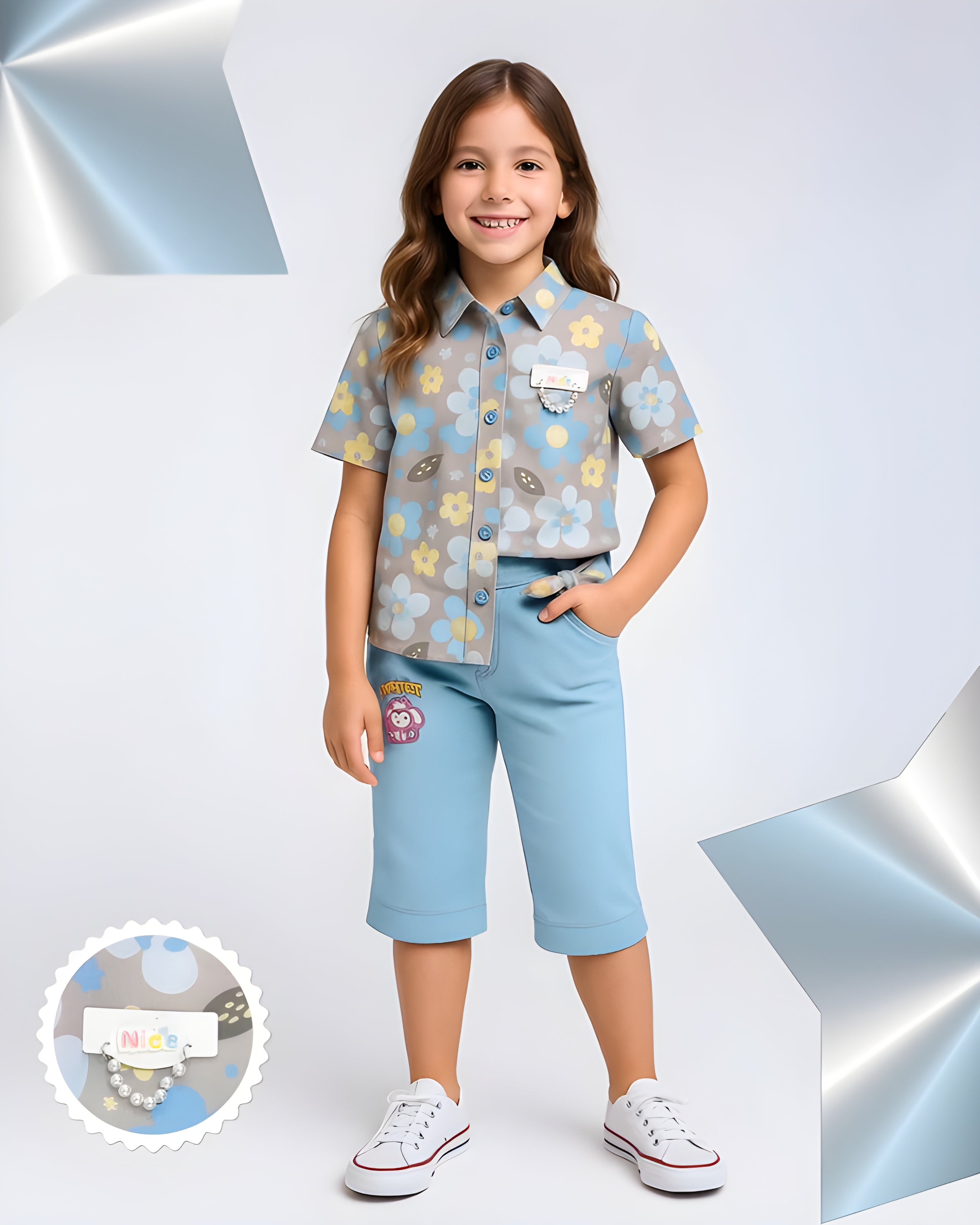 Girls Floral Print Shirt with Short Capri Set