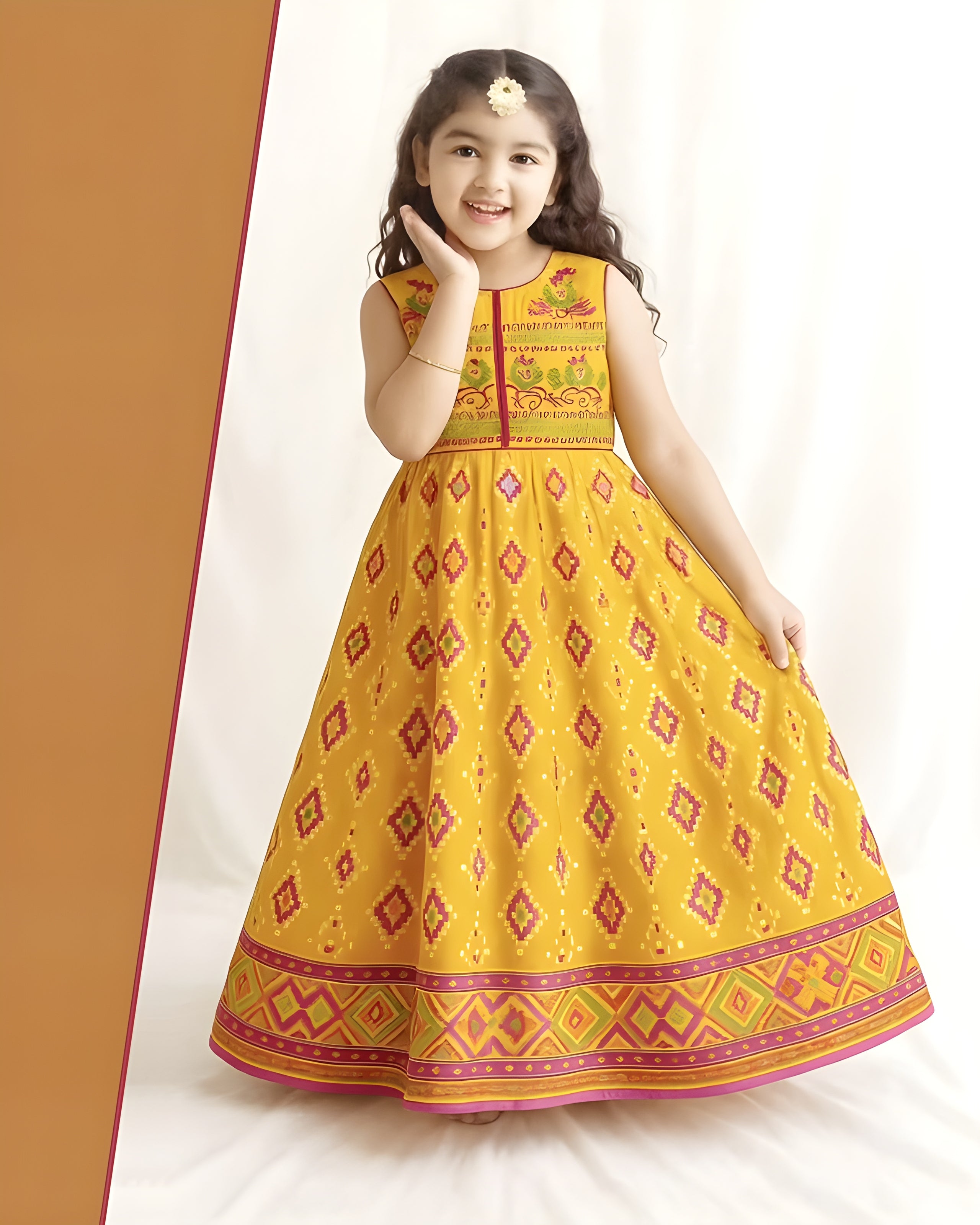 Girls Traditional Printed Festive Long Dress