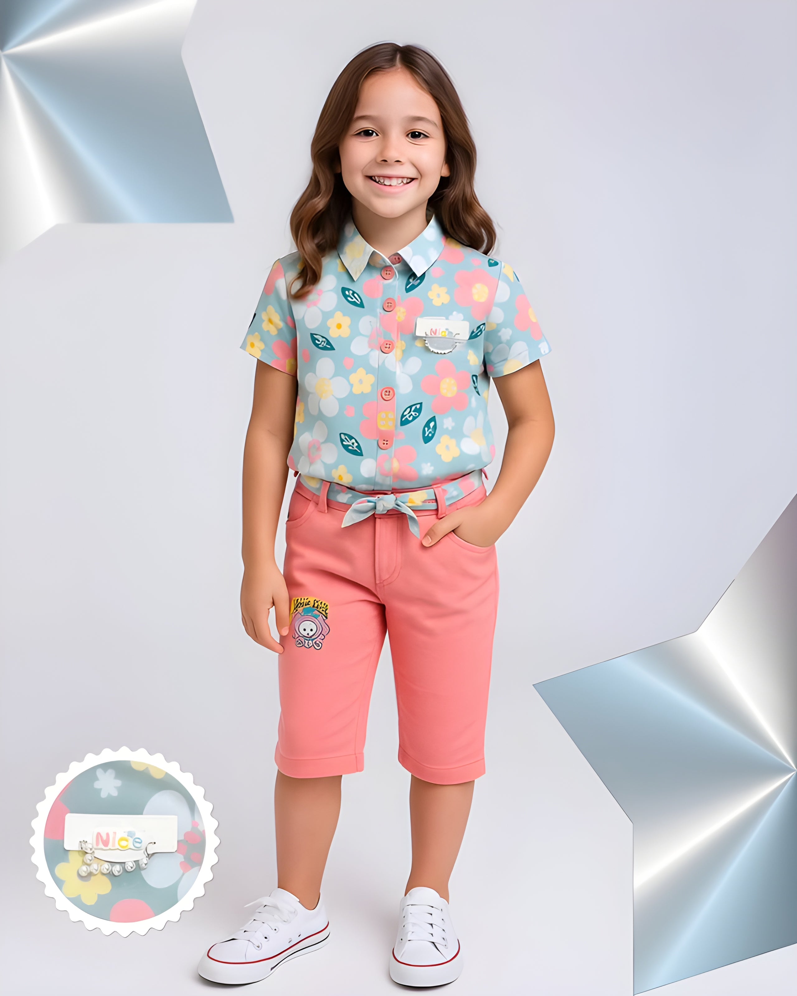 Girls Floral Print Shirt with Short Capri Set