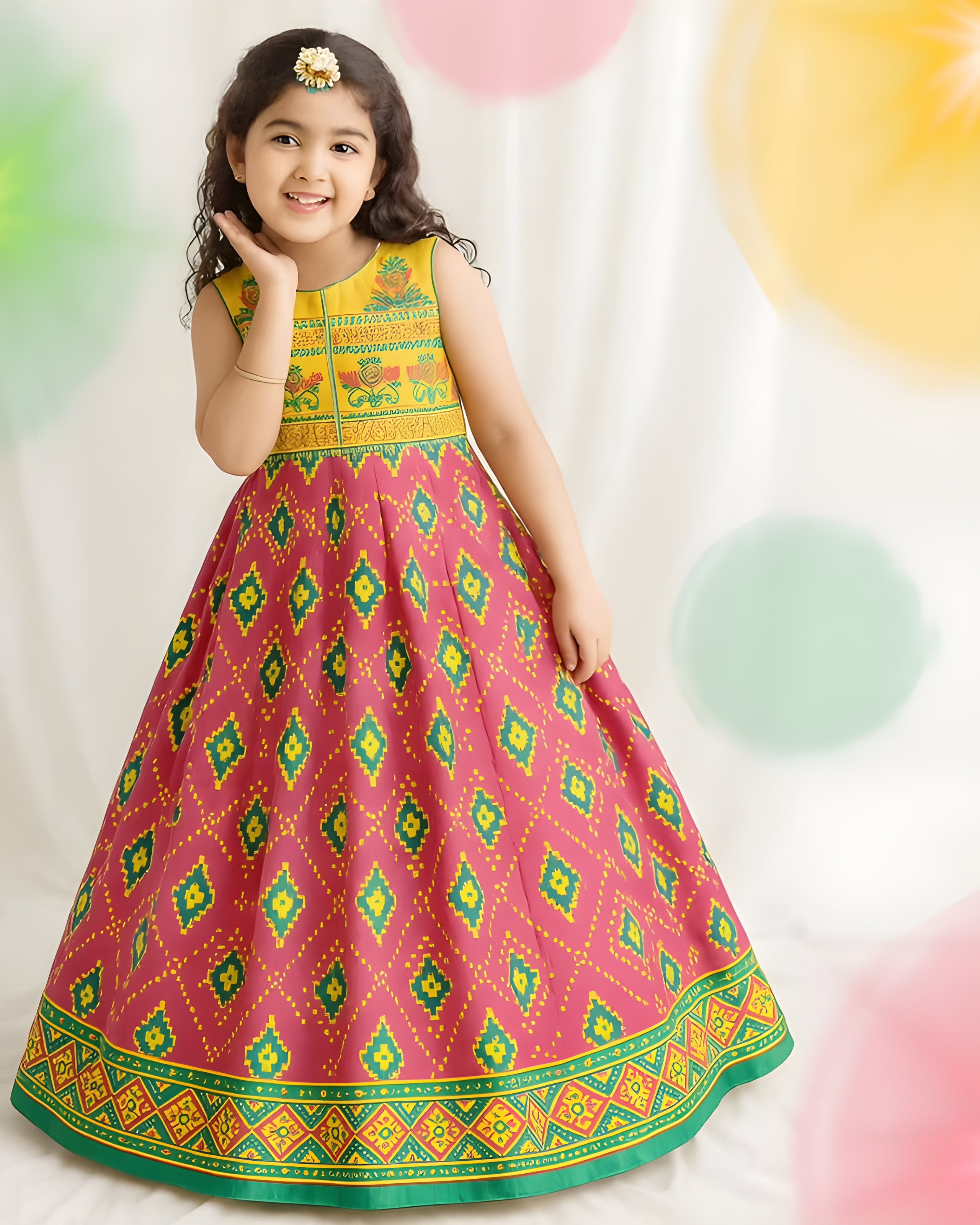 Girls Traditional Printed Festive Long Dress