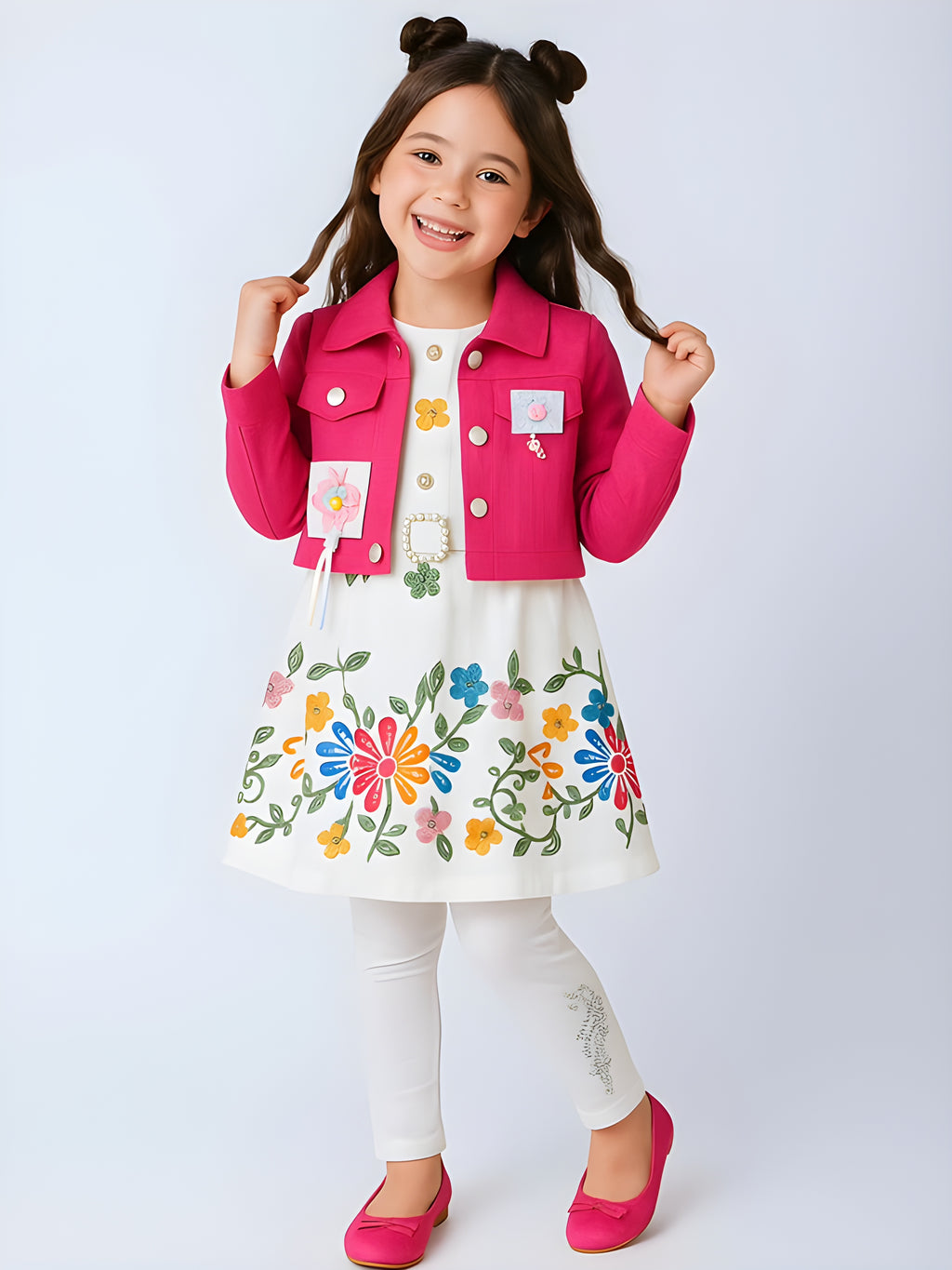 Girls Floral Printed Dress with Pink Jacket & Leggings Set