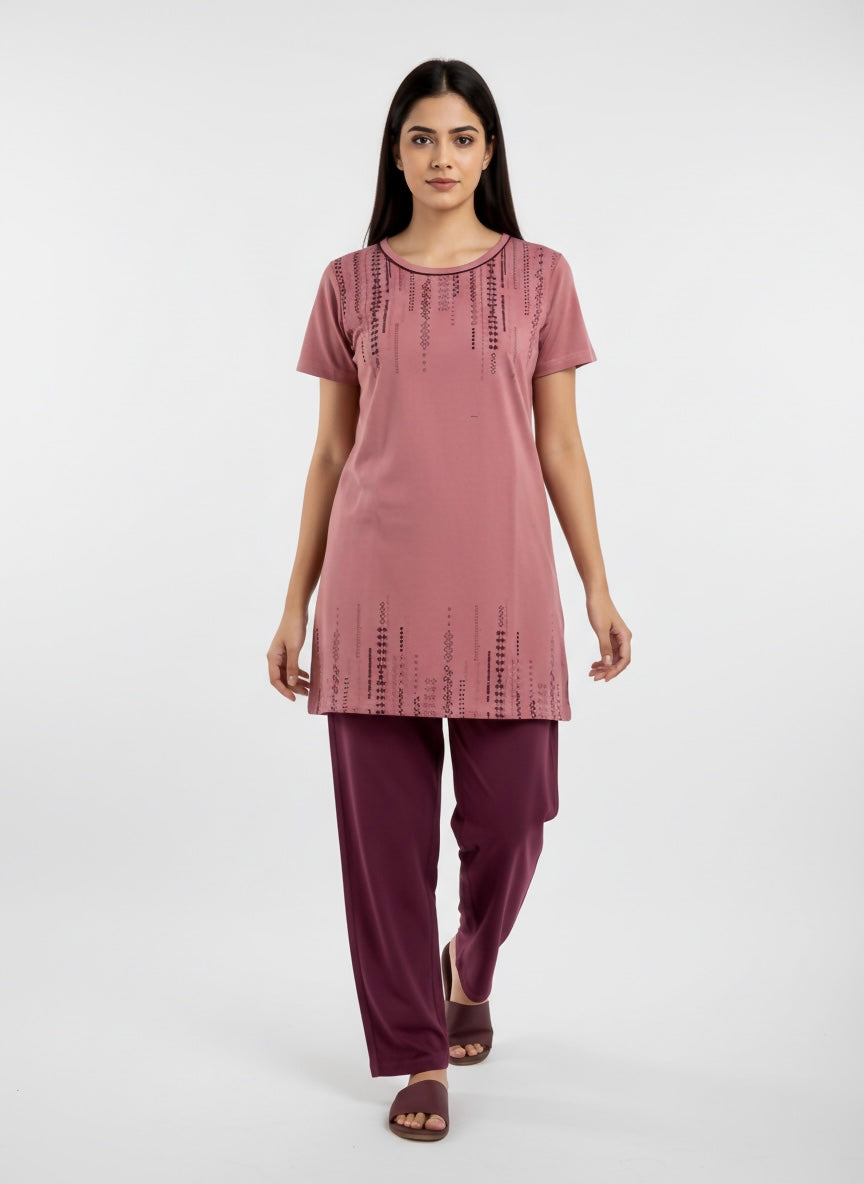 ＤＵＴＣＨ ＤＲＥＡＭ™ Women’s Printed Night Suit Set – Short Sleeve Top with Solid Pajama (Dusty Rose & Wine)