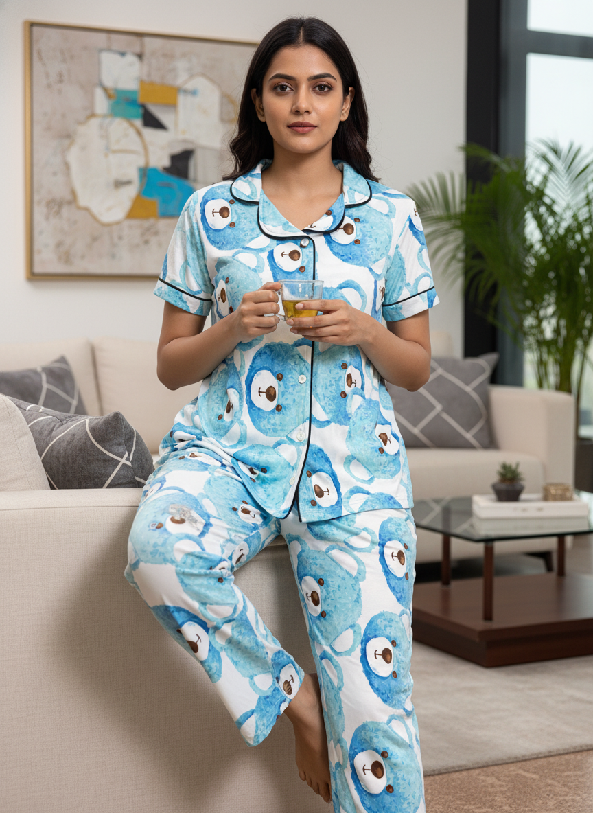 ＤＵＴＣＨ ＤＲＥＡＭ™ Women’s Soft Cotton Printed Night Suit Set – Cute Blue Bear Design (Top & Pajama Set)