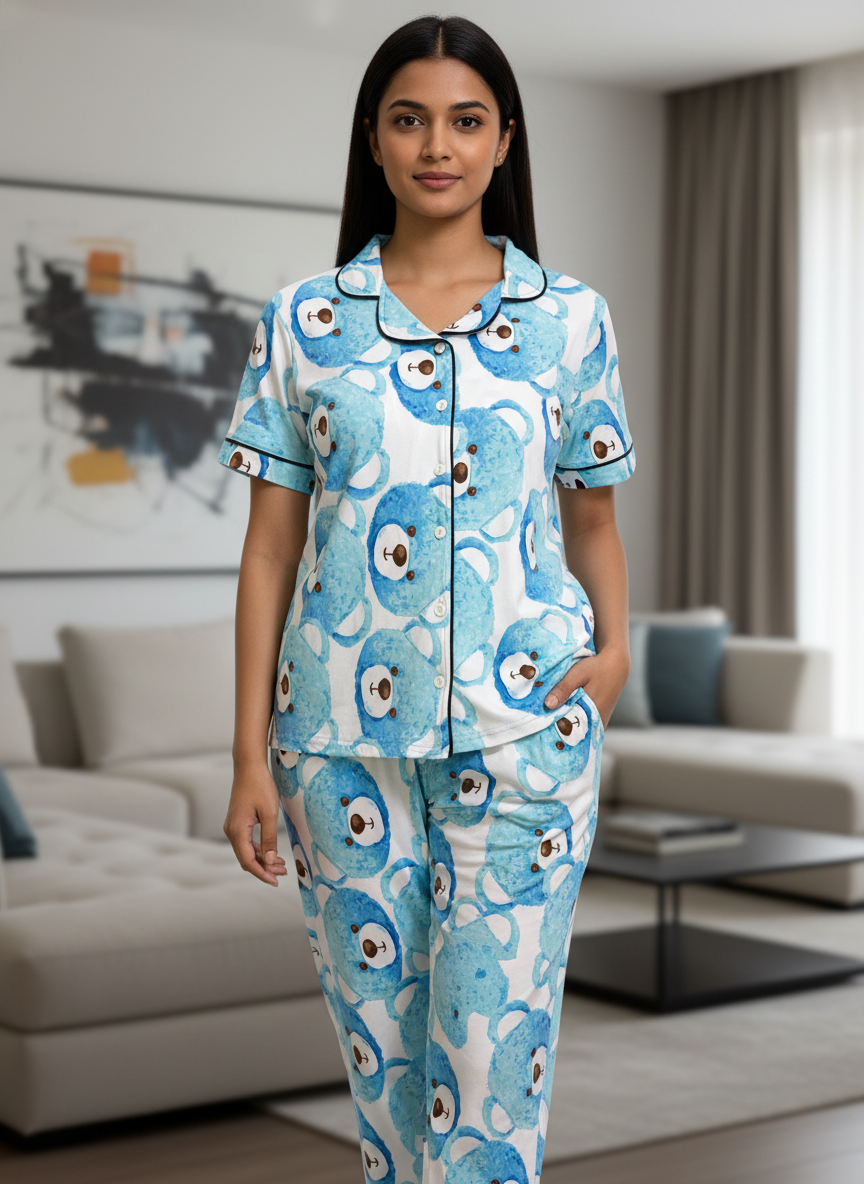 ＤＵＴＣＨ ＤＲＥＡＭ™ Women’s Soft Cotton Printed Night Suit Set – Cute Blue Bear Design (Top & Pajama Set)