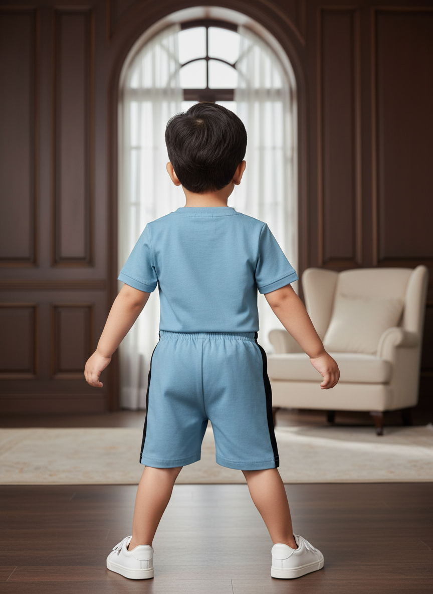 Boys Premium Cotton Cord Set – Half Sleeve T-Shirt & Shorts (Sky Blue)