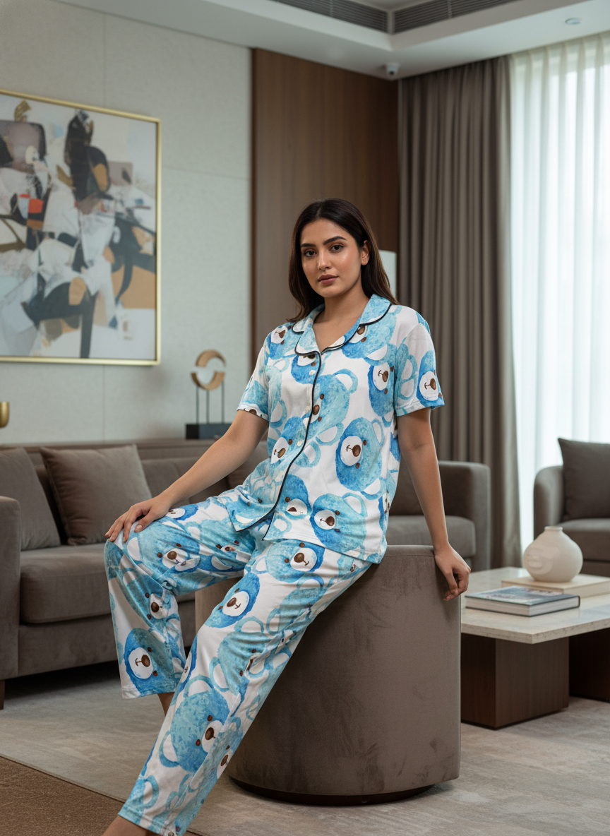 ＤＵＴＣＨ ＤＲＥＡＭ™ Women’s Soft Cotton Printed Night Suit Set – Cute Blue Bear Design (Top & Pajama Set)