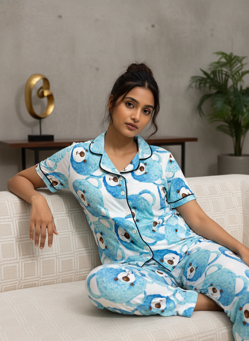 ＤＵＴＣＨ ＤＲＥＡＭ™ Women’s Soft Cotton Printed Night Suit Set – Cute Blue Bear Design (Top & Pajama Set)