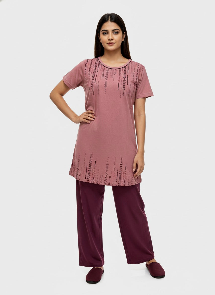 ＤＵＴＣＨ ＤＲＥＡＭ™ Women’s Printed Night Suit Set – Short Sleeve Top with Solid Pajama (Dusty Rose & Wine)