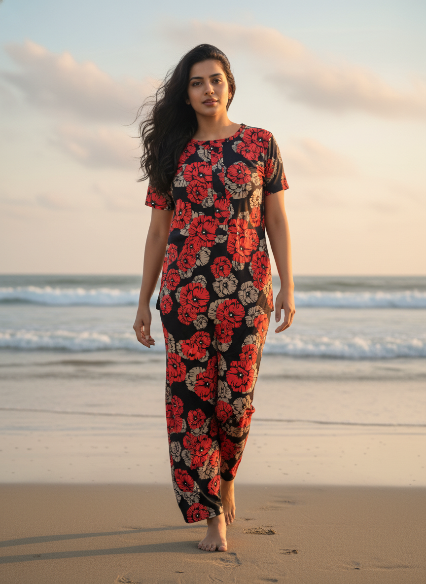 ＤＵＴＣＨ ＤＲＥＡＭ™ Women’s Stylish Floral Print Nightwear Set – Comfortable Top and Pajama Sleepwear