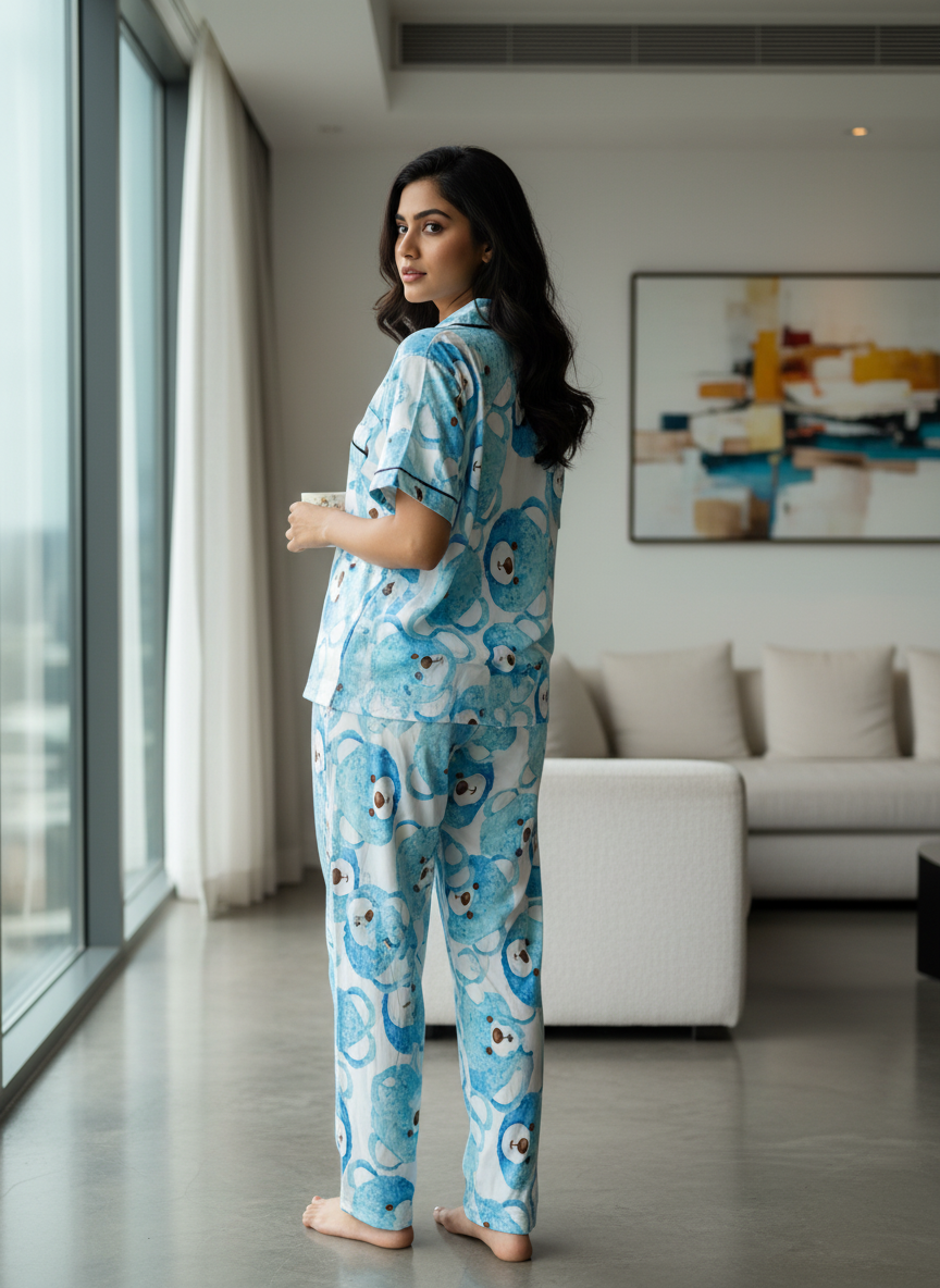 ＤＵＴＣＨ ＤＲＥＡＭ™ Women’s Soft Cotton Printed Night Suit Set – Cute Blue Bear Design (Top & Pajama Set)