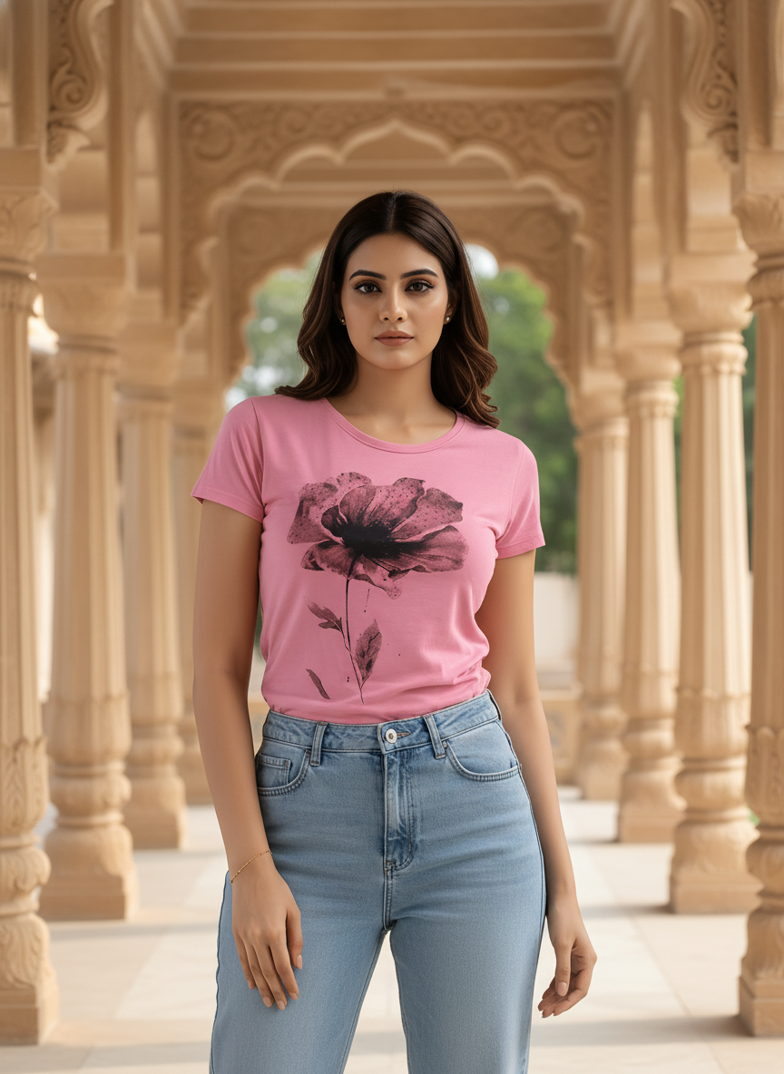 DUTCH DREAM™ premium cotton women's top pink floral design detail